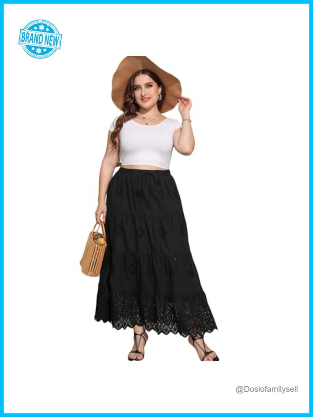 Womens Boho 100% Cotton Embroidered Tiered A-Line Maxi Skirt Elastic Waist
